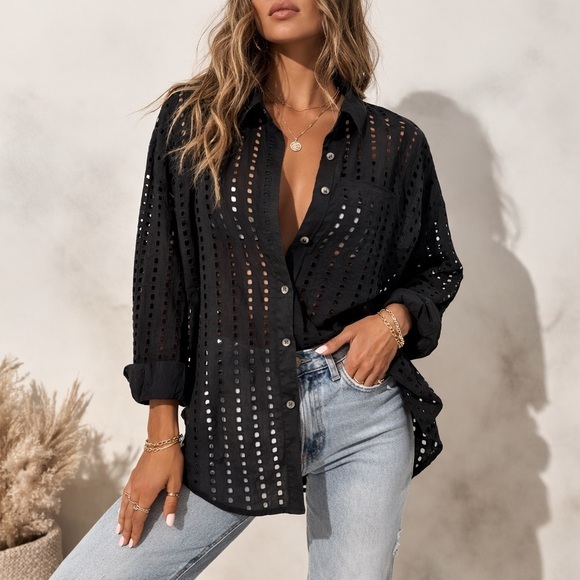 Calia Tops - CALIA Black Eyelet Button Down Shirt Women’s Size Medium 100% Cotton Sheer Boho